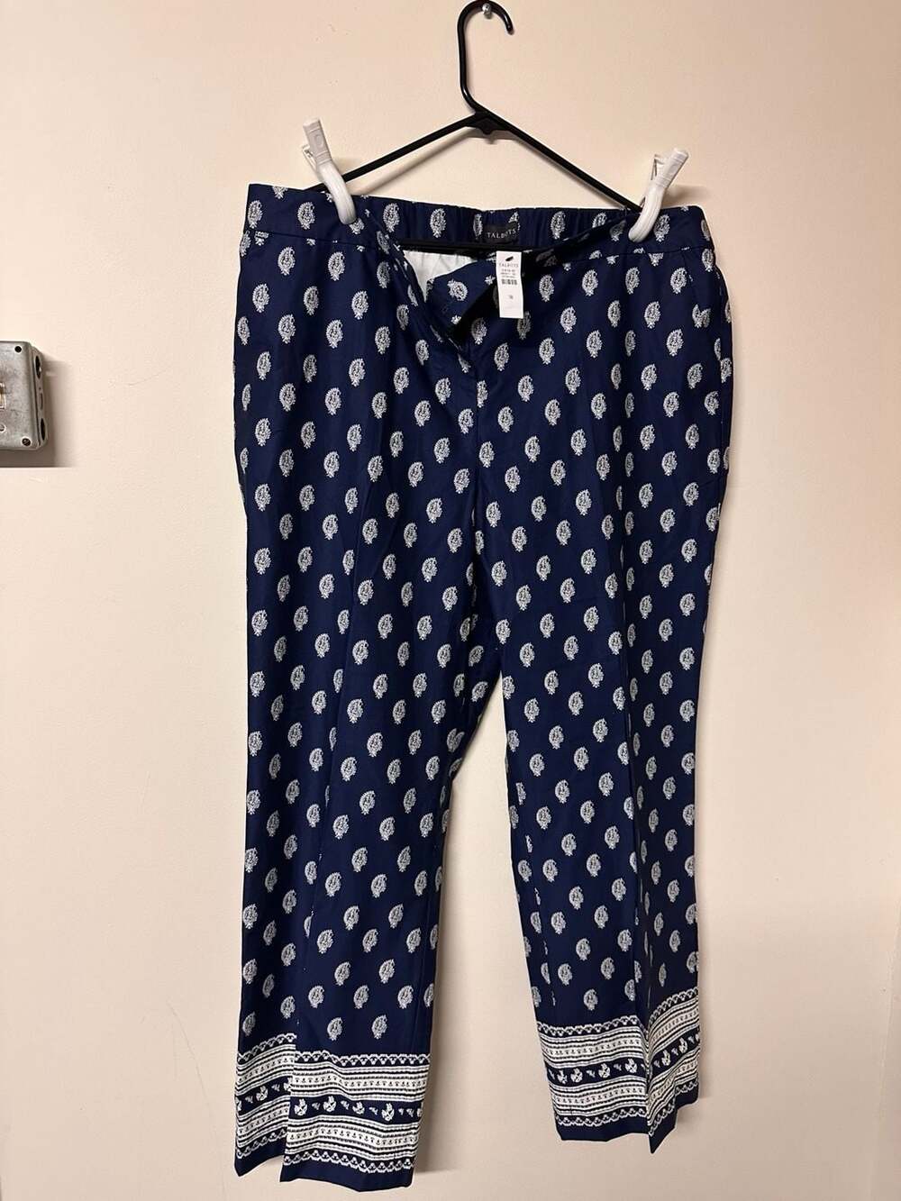 Talbots Serene Paisley Navy Ivory Straight Leg Pants Size 18